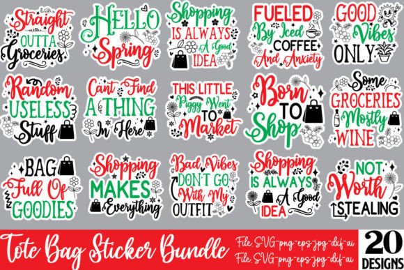 Tote Bag Sticker Bundle, 20 Designs for Crafts and Graphics